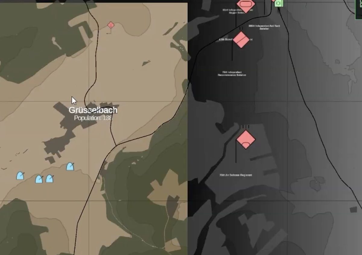 The tactical map: friendly and hostile units on real terrain, with the order of battle listed beside it.